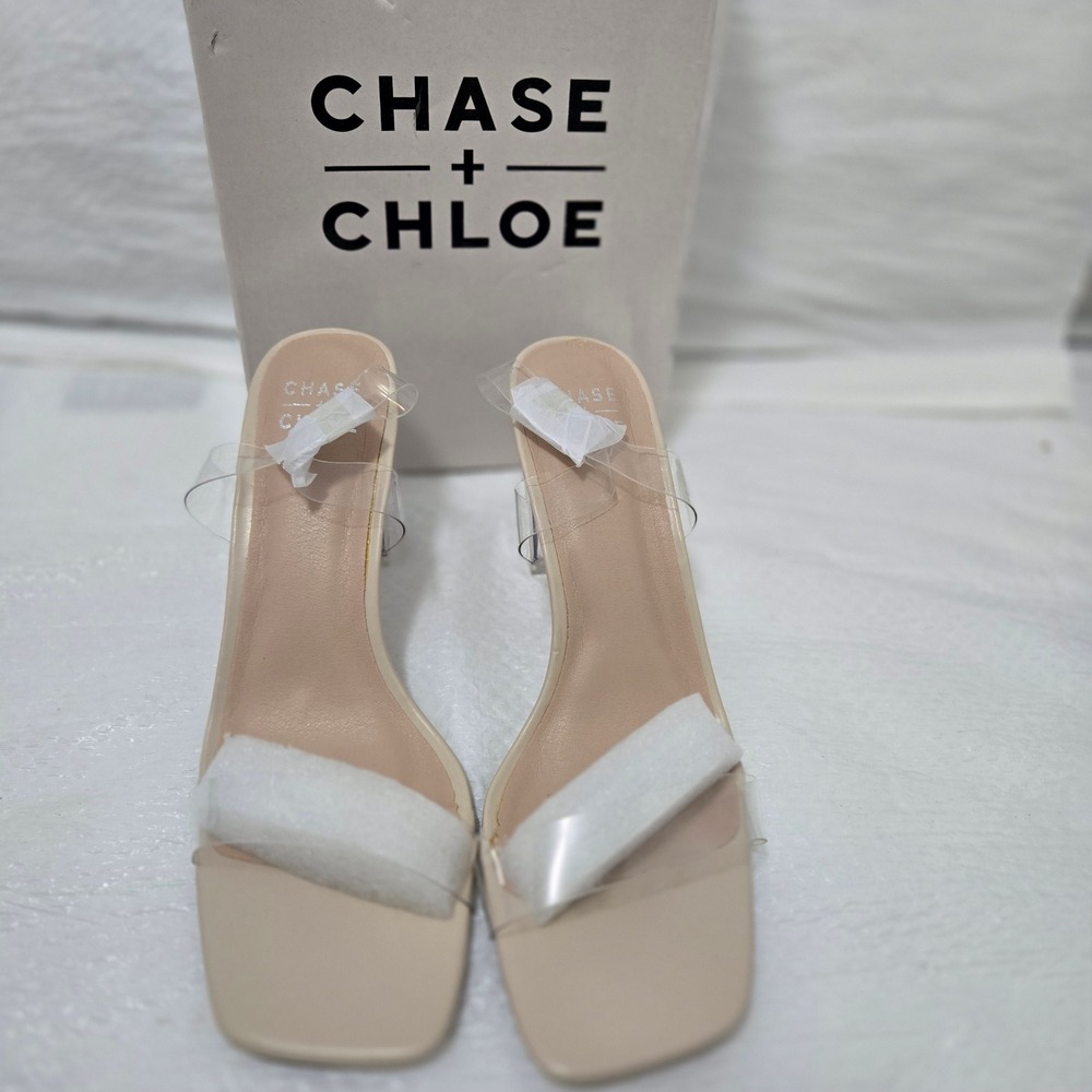 Chase + Chloe CHASE-1 Nude Clear Strap Square Toe Block Heel Sandals Womens 9